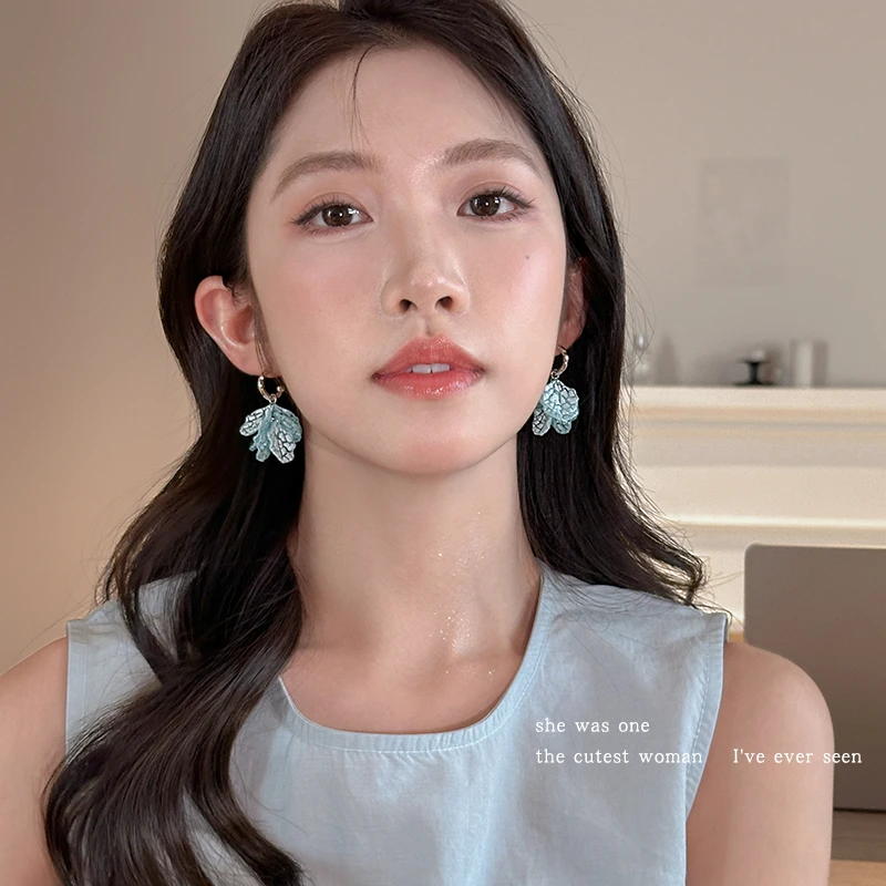合金亚克力耳饰 海盐蓝色花瓣流苏耳环2025新款耳钉耳饰甜美耳坠