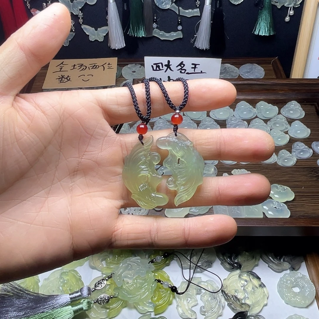 岫玉未镶嵌岫玉双鱼玉佩吊坠项链