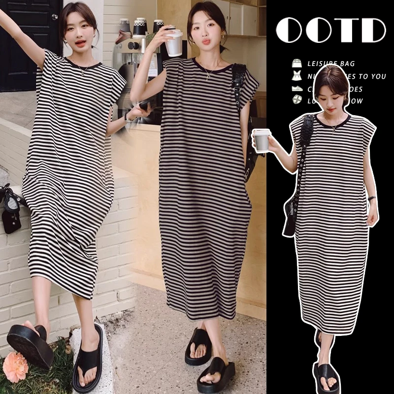 孕妇连衣裙长款过膝2025年新款懒人裙长裙夏季薄款无袖条纹裙子女
