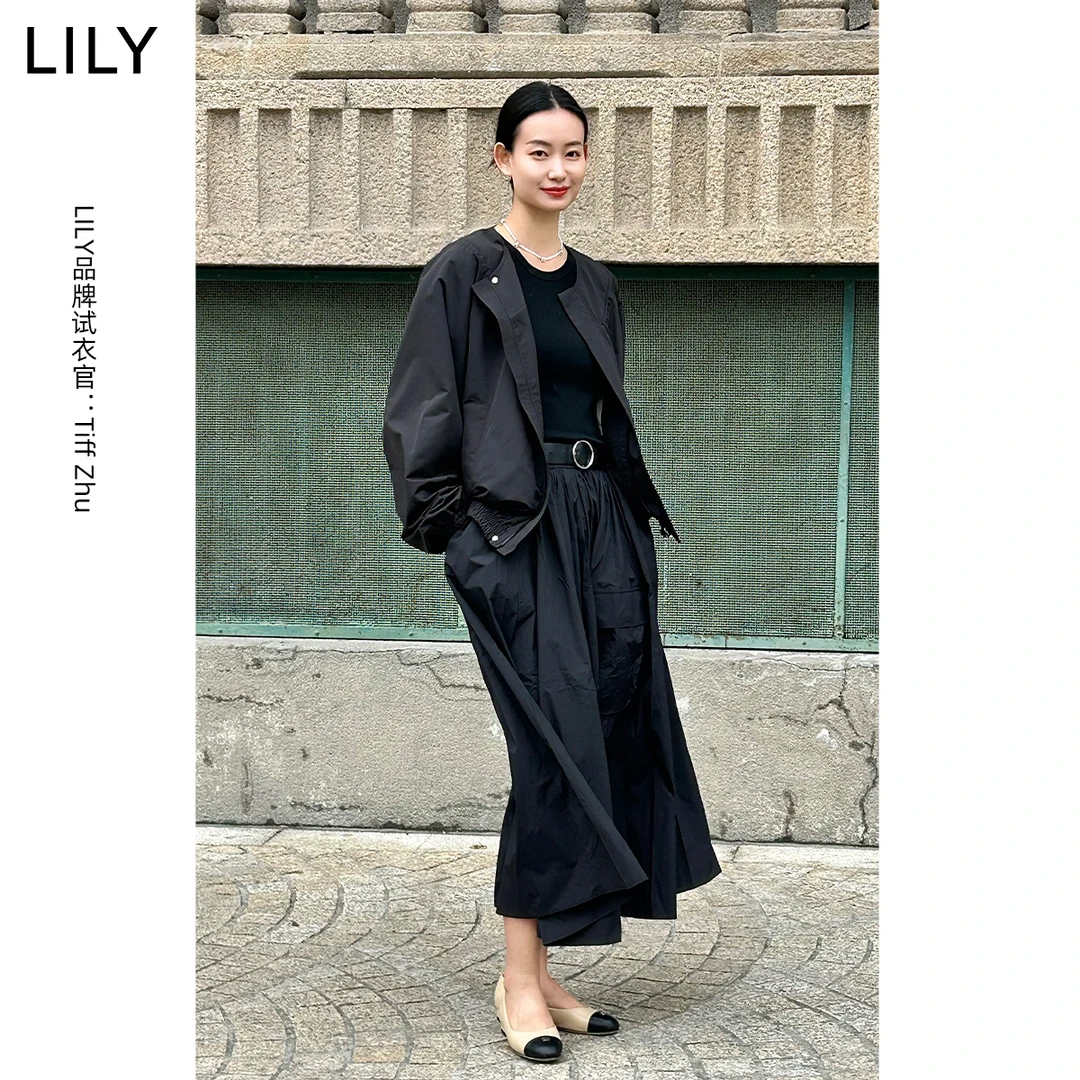 LILY夏季新款赫本风优雅通勤休闲A字裙高腰显瘦半身裙124209C6924