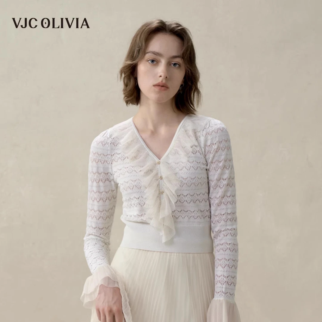 VJC OLIVIA【Nanaco专属】25秋冬轻奢女装镂空针织V领长袖上衣