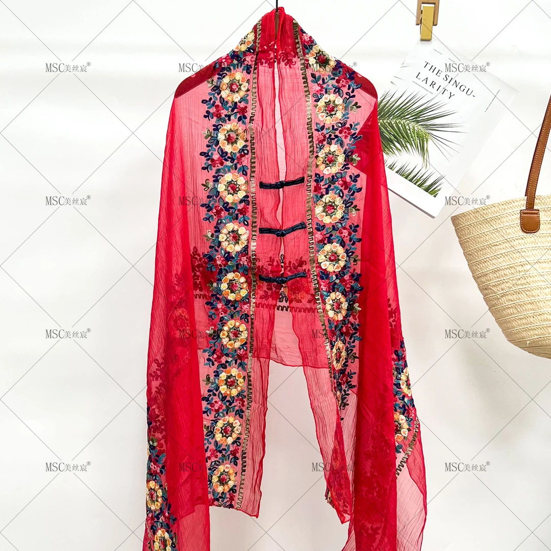 美丝宸【繁花绣影】复古盘扣刺绣披肩中式女春外搭薄款民族风纱巾