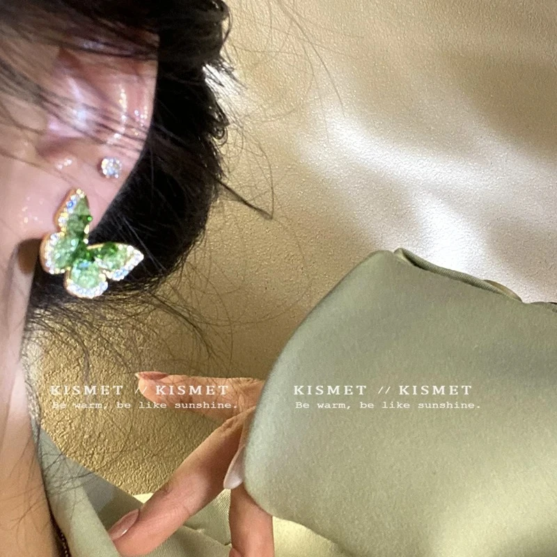 铜合金仿水晶耳饰 绿色满钻蝴蝶耳钉2025新款高级感轻奢花瓣耳饰