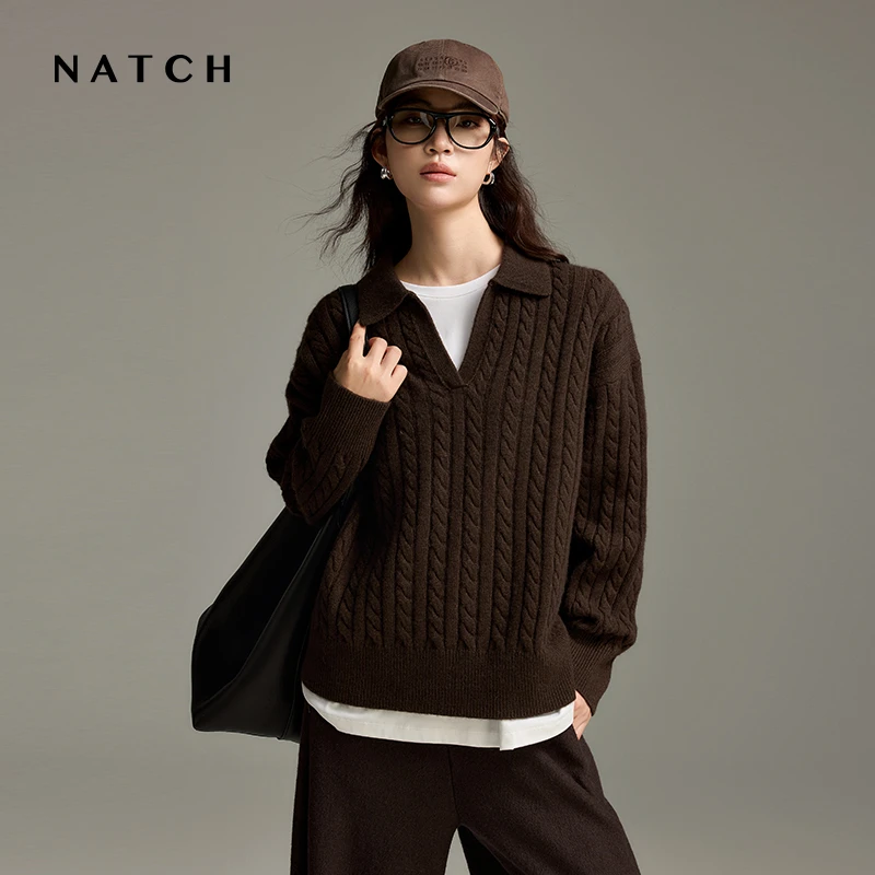 NATCH/南枳POLO领牛绒绞花套头毛衣女2025秋冬新款针织上衣高级感