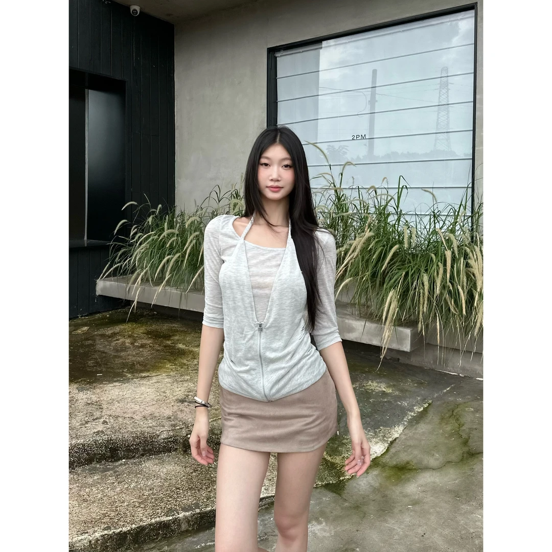 withmin凉皮 莉莉安梦境 假两件挂脖中长袖薄款夏T恤上衣2523448