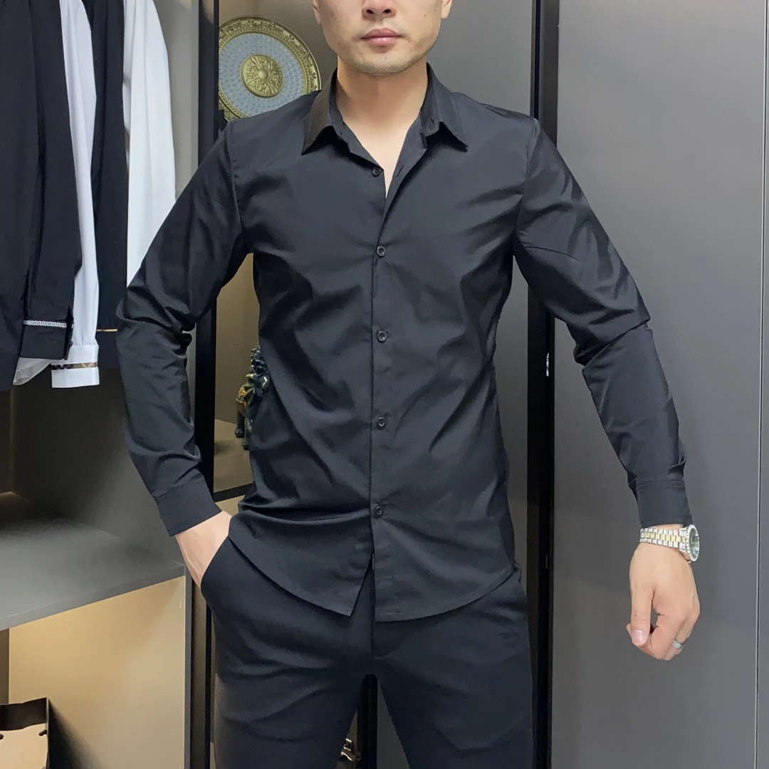 男士黑色时尚简约休闲商务衬衫长袖修身百搭纯色衬衣帅气秋冬1998