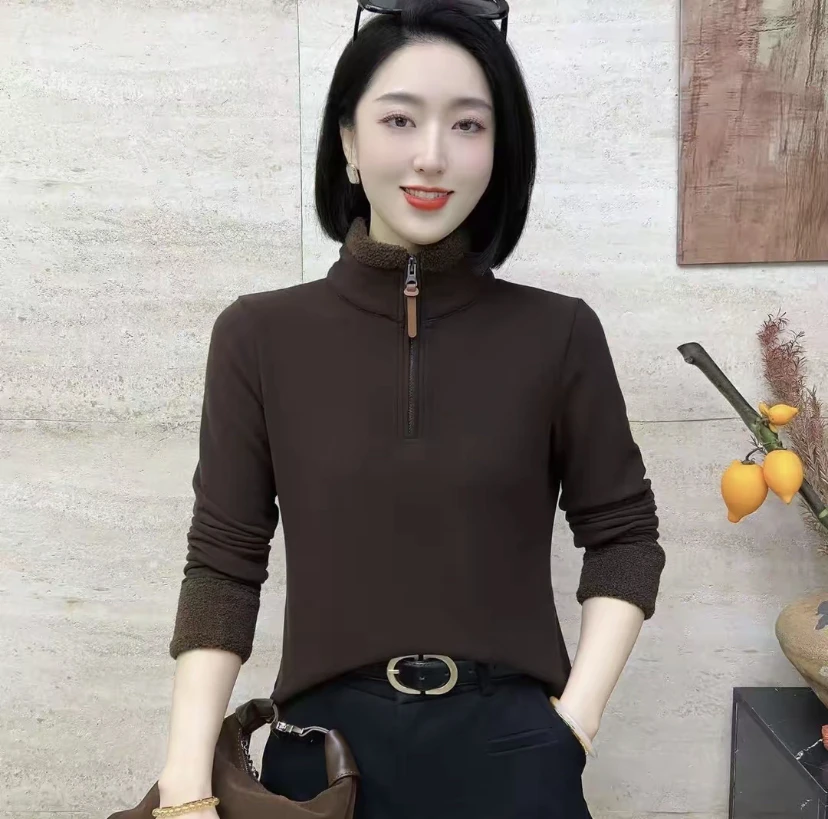 2025秋冬新品时尚毛毛领半拉链洋气百搭小衫休闲显瘦女士上衣