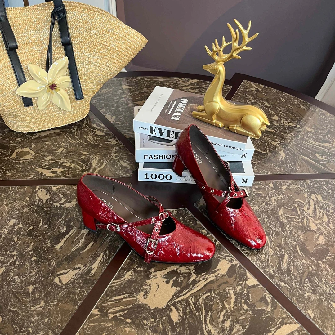 范戈希跟5cm牛皮一字扣浅口方头通勤单鞋时尚气质百搭买1赠3