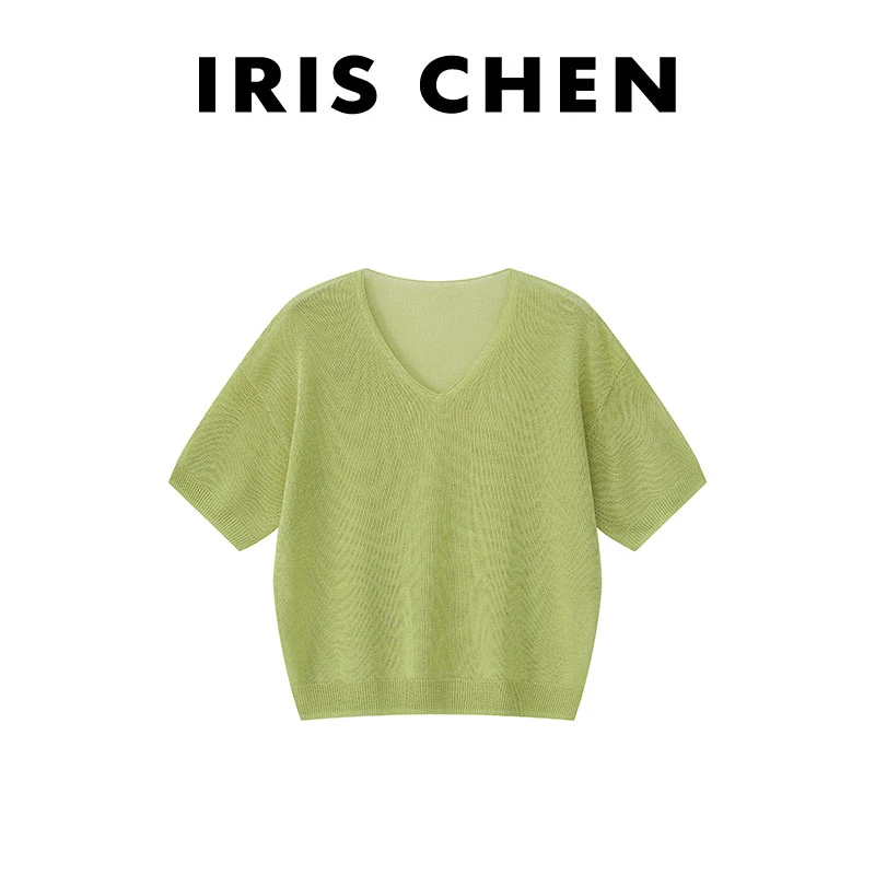 现货IRIS CHEN 贝拉 2025春夏透气舒适百搭v显瘦针织短袖25SY395