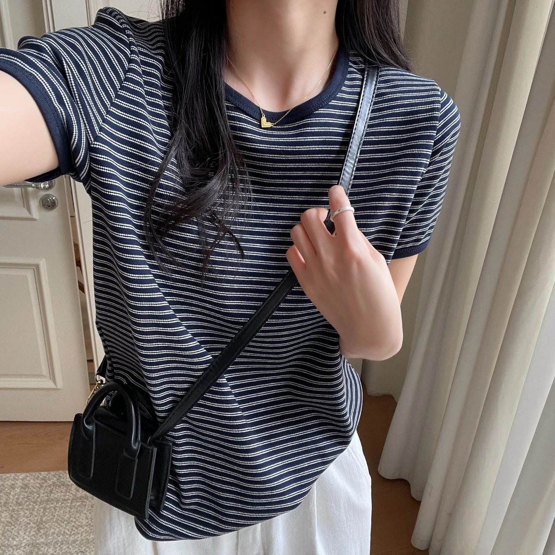 「气质显瘦 藏青条纹」液氨棉短袖T恤女春秋款韩版休闲百搭半袖T119
