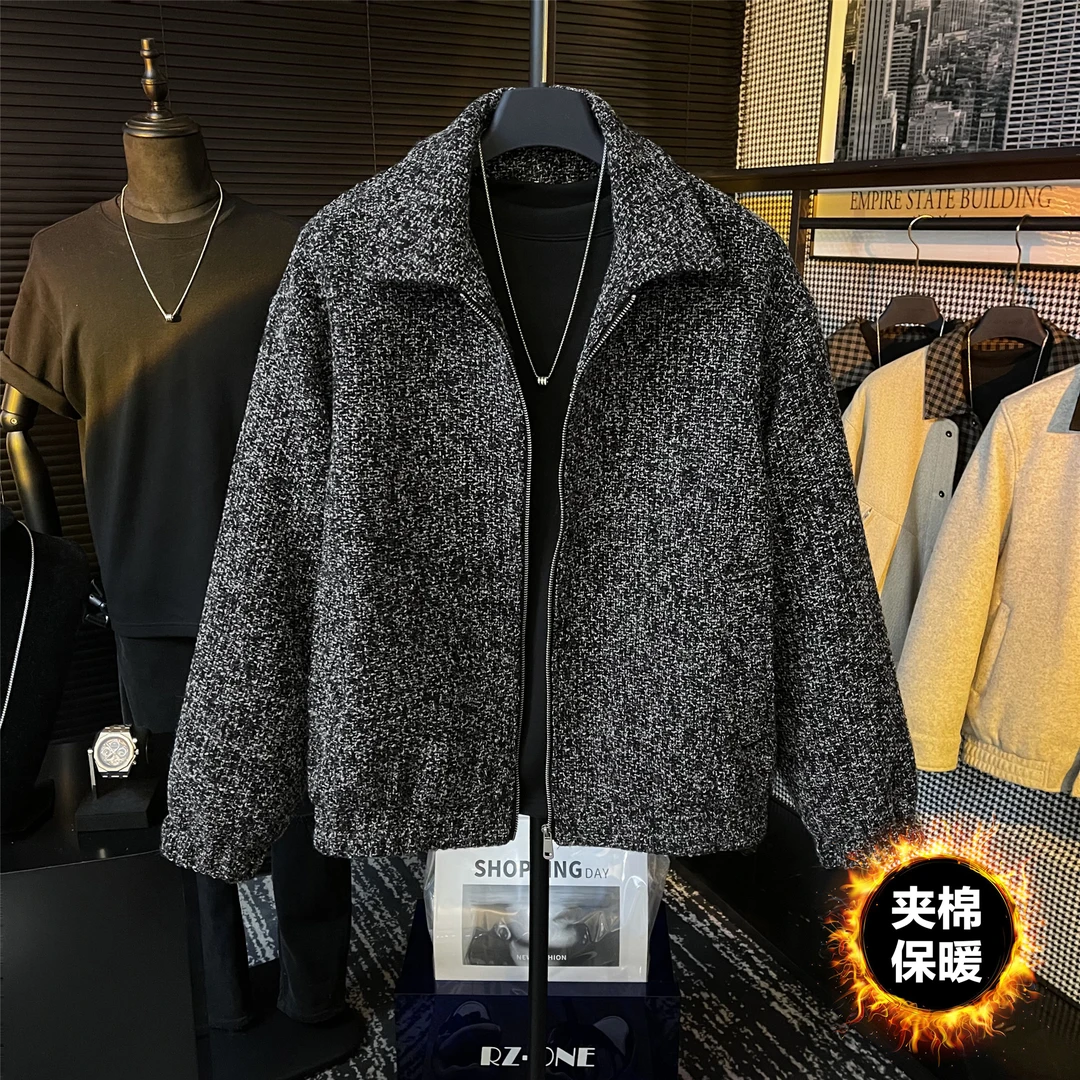 【BJ】男士冬季高定简约设计夹棉翻领领夹克厚款毛呢拉链外套