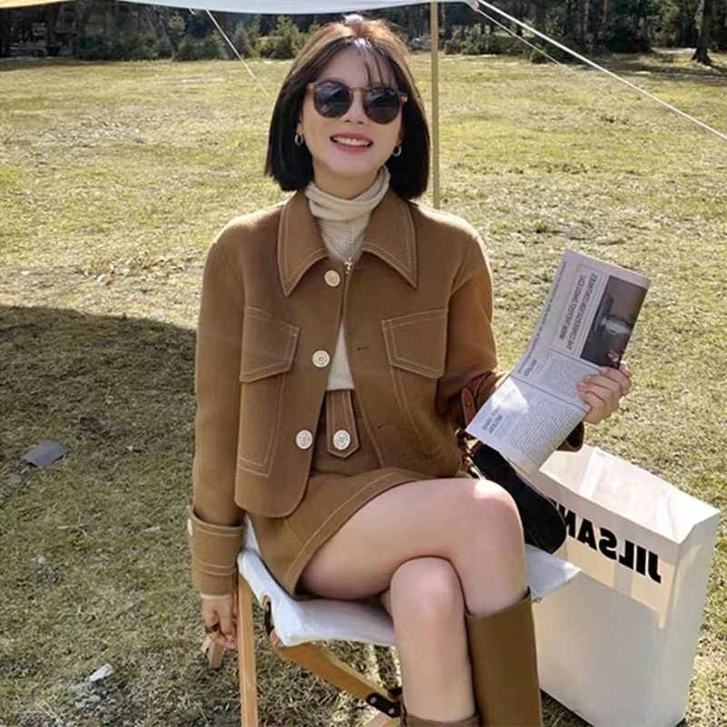 F01 小香纯色气质修身双面羊绒套装