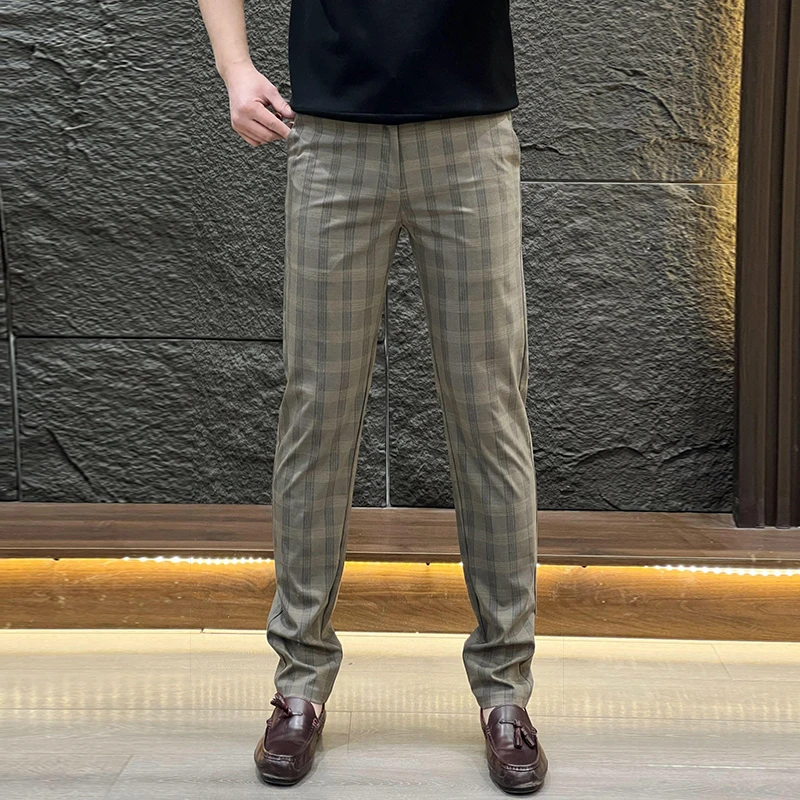 男士高级感商务格子时尚裤春夏新品欧货格子休闲裤修身显瘦直筒裤