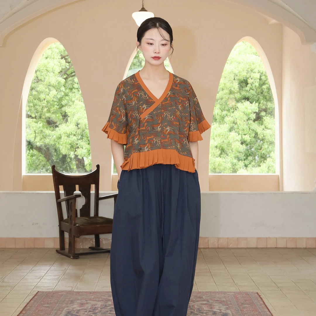 谜阿凰【羽人御虎绿】唐半臂汉服百搭茧形棉制透气显瘦宽松夏季女