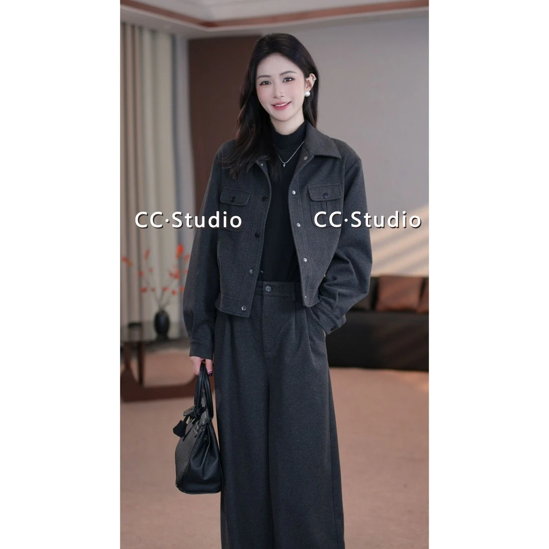 2025秋冬新款高级感时尚百搭套装显瘦毛呢外套+裤子两件套