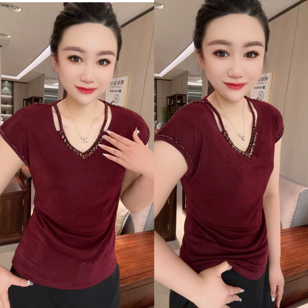 V领串珠假两件显瘦波比衫