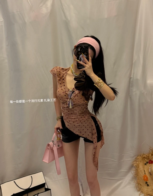 7 ·July 6/16“扎染波点”波点辣妹荷叶边扎染飘带显瘦上衣