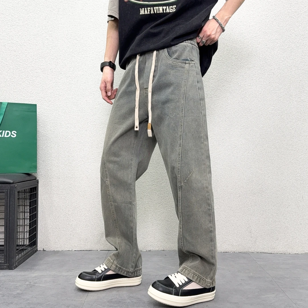 美式高街复古做旧抽绳牛仔裤男款宽松直筒休闲百搭秋季痞帅阔腿裤