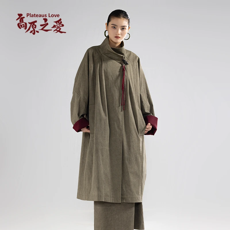 若木绿手工绳结立领风衣女中长款设计师款G2071B1