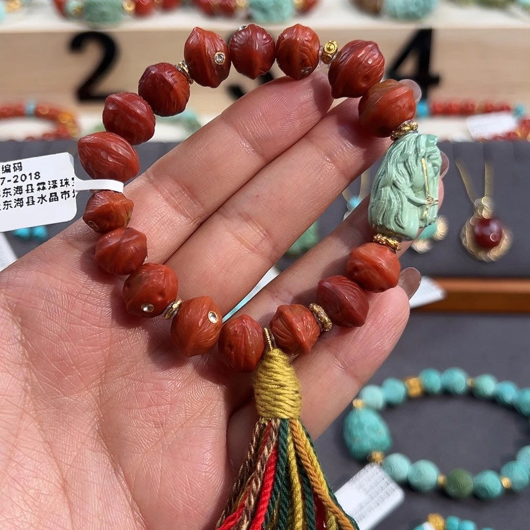 发***7南红玛瑙18K金镶嵌手串南红百香籽马首手串