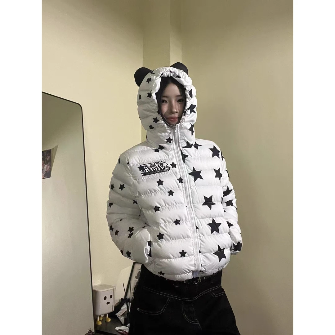 艺尙  美式街头满印星星印花猫耳朵短款棉服趣味保暖排骨外套女