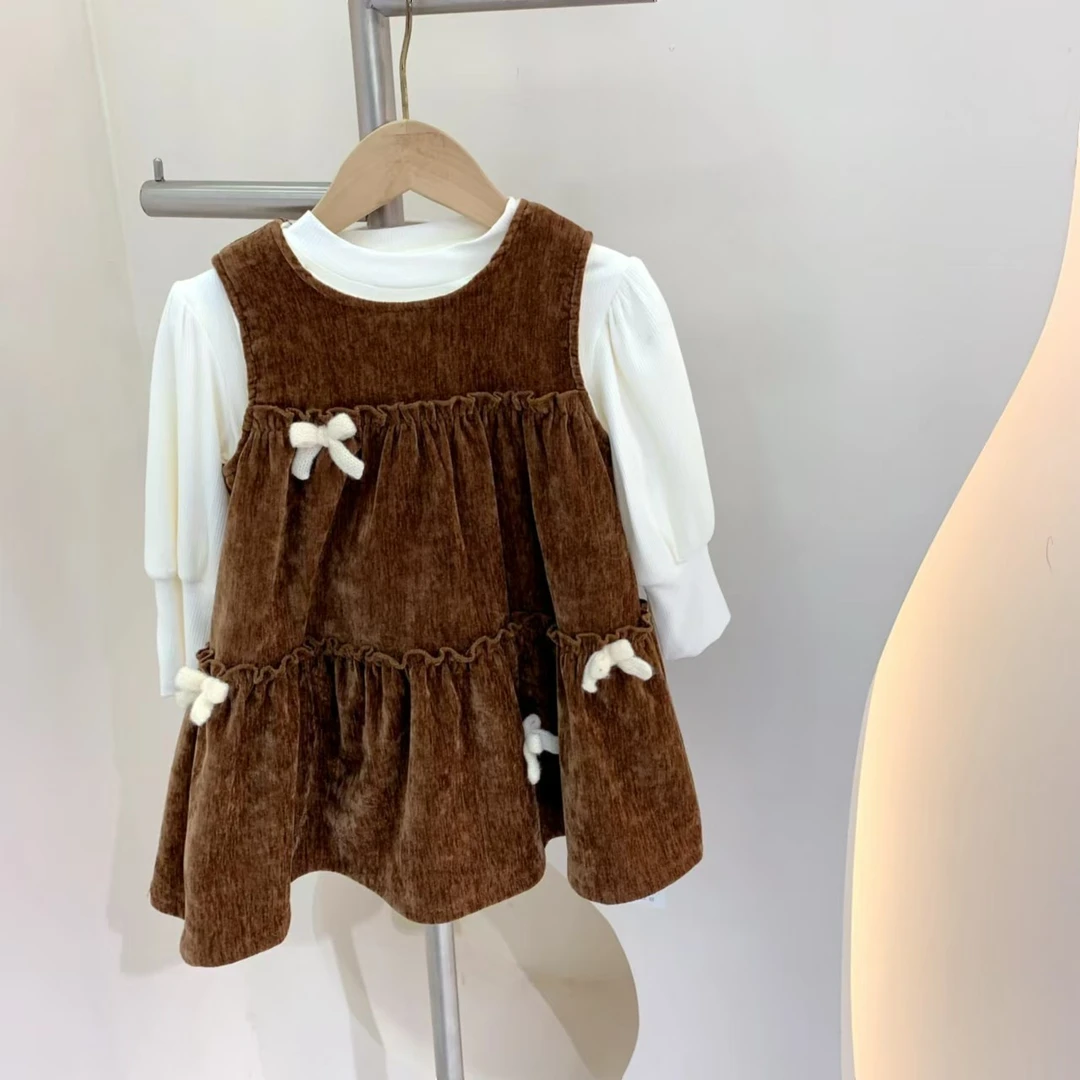 241768 女童冬季韩版棉质蝴蝶结休闲连衣裙加绒加厚两件套