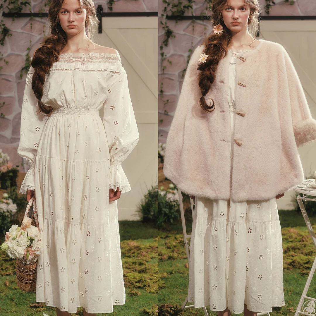 LaceMade 白山茶 法式田园初恋小白裙一字肩连衣裙日常通勤秋冬女