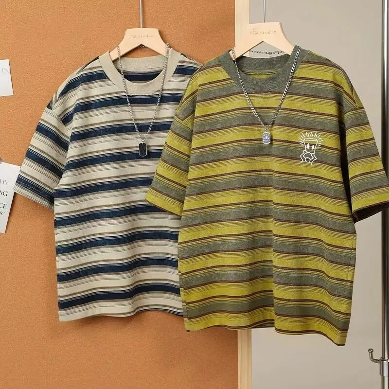 男童夏季短袖T恤2025新款经典条纹拼接中大童洋气休闲上衣男孩潮T