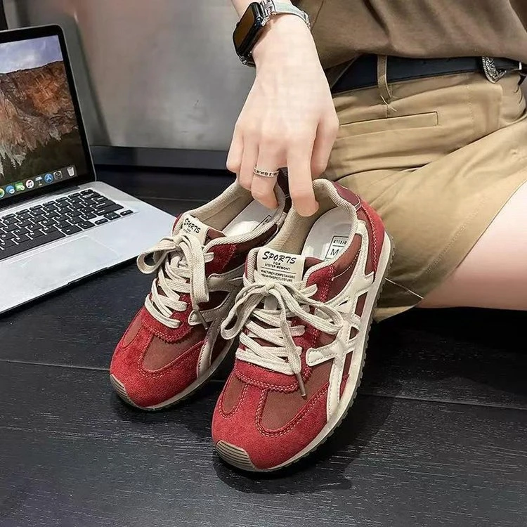 【万达撤柜】德训鞋女2025秋冬新款复古休闲阿甘鞋系带拼色厚底德训