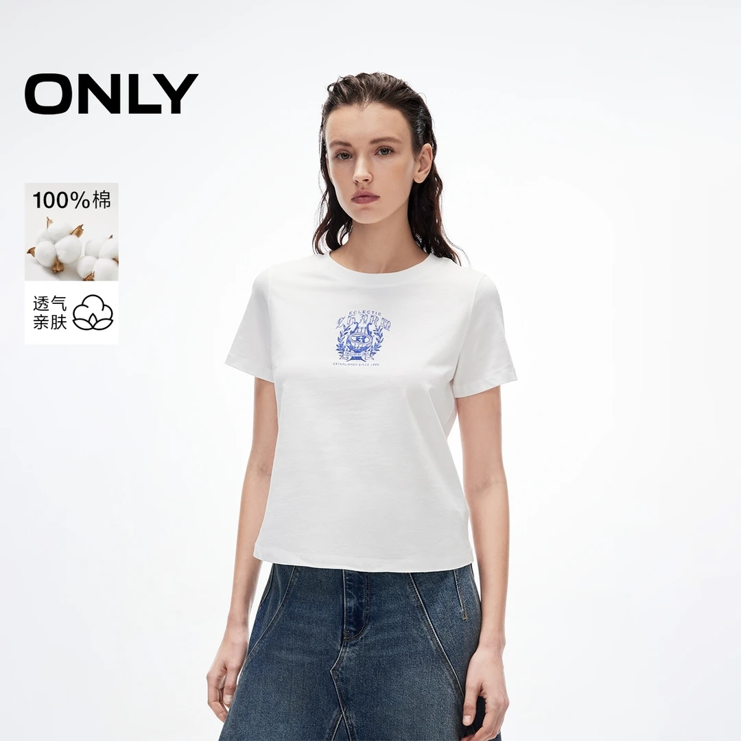 ONLY2025春季新款纯棉撞色字母印花经典圆领短袖T恤女|125101100