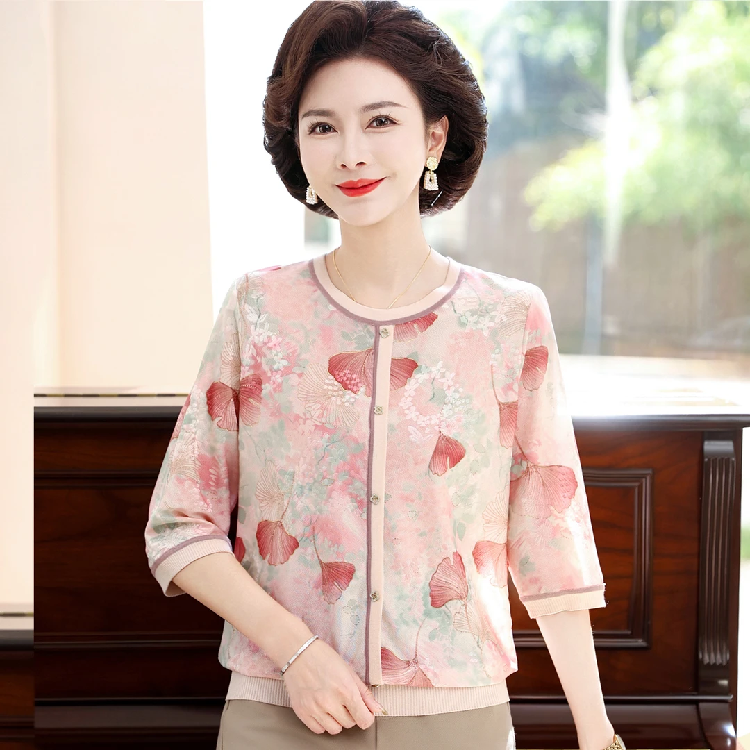 妈妈夏装针织薄款上衣七分袖冰丝T恤中老年女春夏季大码打底小衫