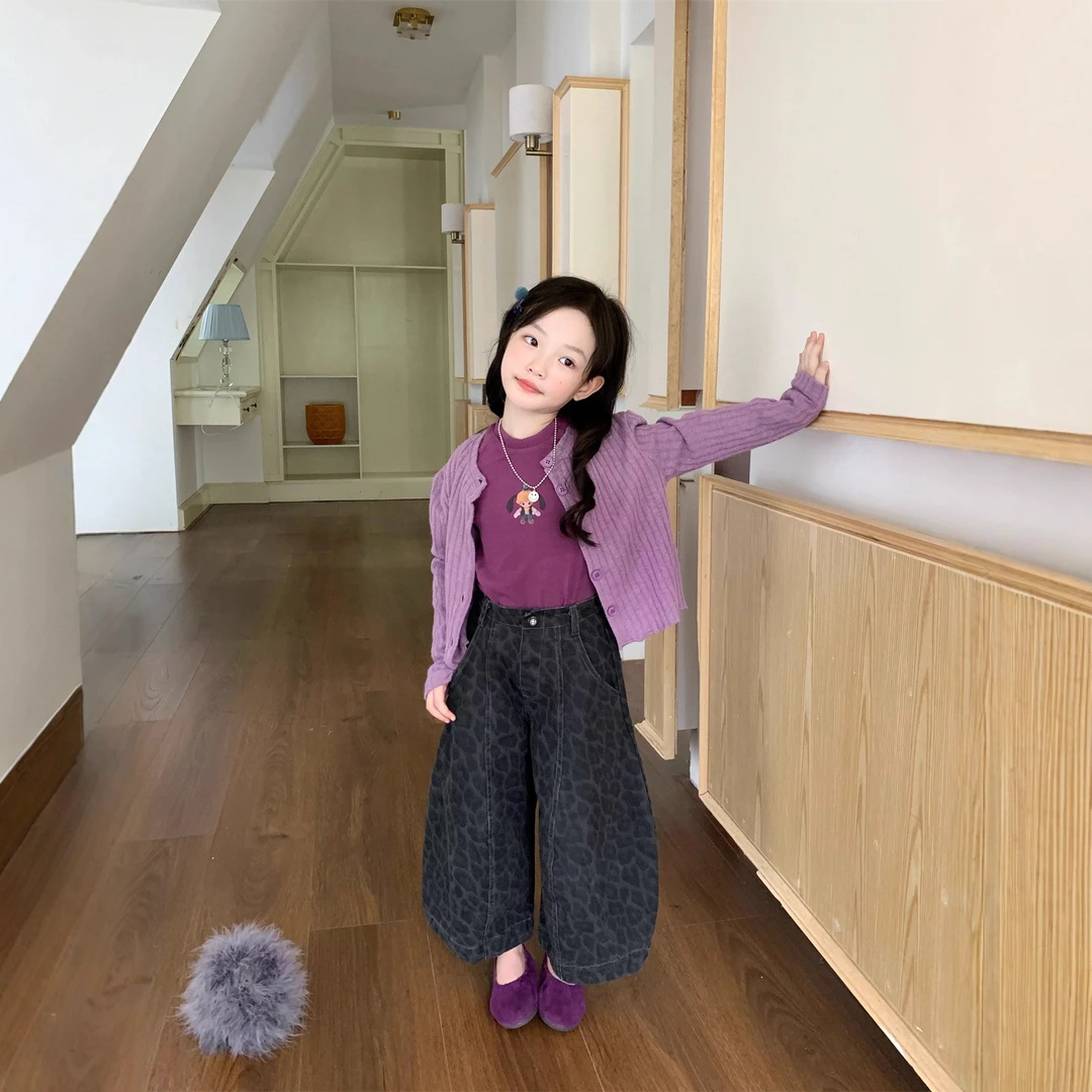 秋季新款女童卡通长袖T恤儿童洋气针织外套毛衣开衫套装