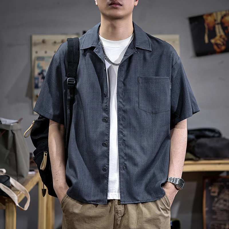 aoyu/遨宇美式复古竹节纹古巴领短袖衬衫男夏季潮牌高级感衬衣男