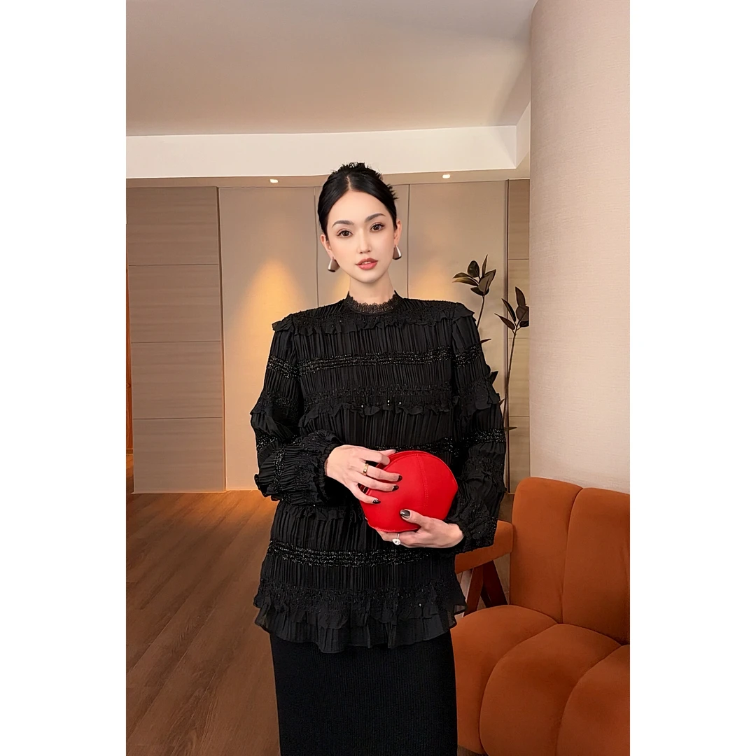 紫紫 墨玉 时尚气质褶皱设计感衬衫显瘦早春长袖上衣 ZD01SZYL061