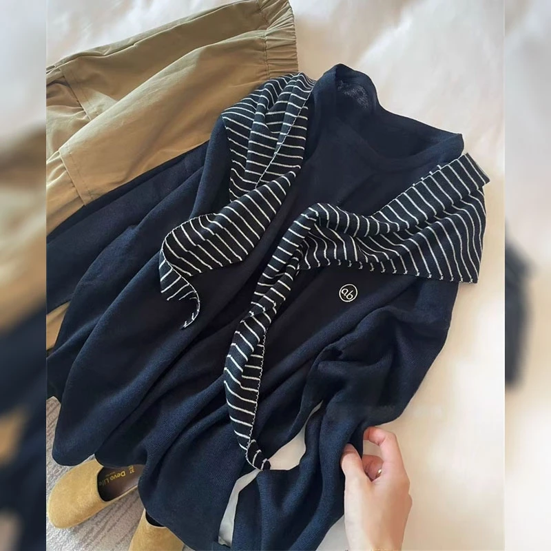 2025秋装新款小个子超好看的文艺森系藏青色针织衫裙子两件套装女