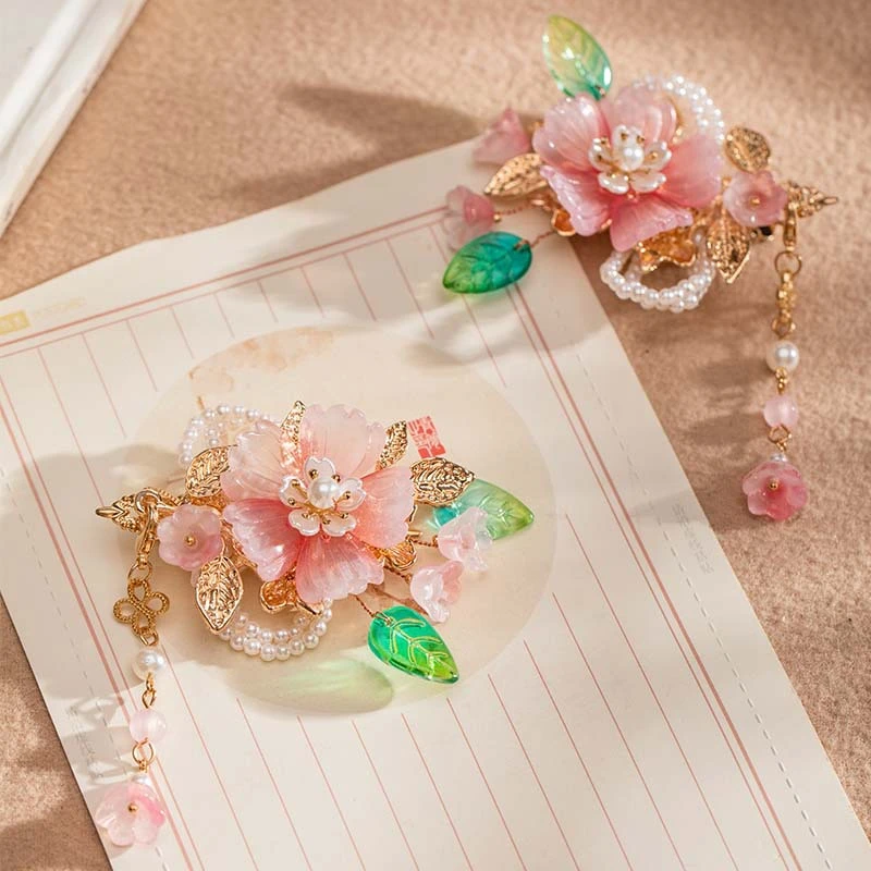 汉服头饰发夹流苏花朵边夹