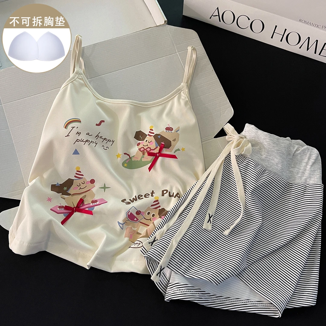 2025年夏季新款睡衣女带胸垫吊带简约杏色可爱小狗条纹短裤家居服