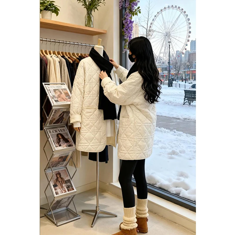 2025冬季新款韩系百搭中长款棉服长袖外套女士高级感气质爆款棉衣