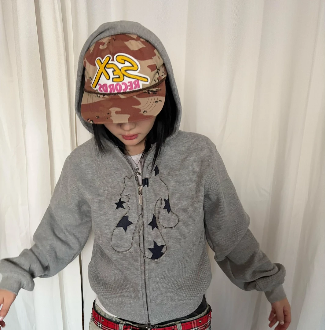 美式复古华夫格拉链卫衣兔耳朵刺绣短款外套休闲夹克上衣女百搭