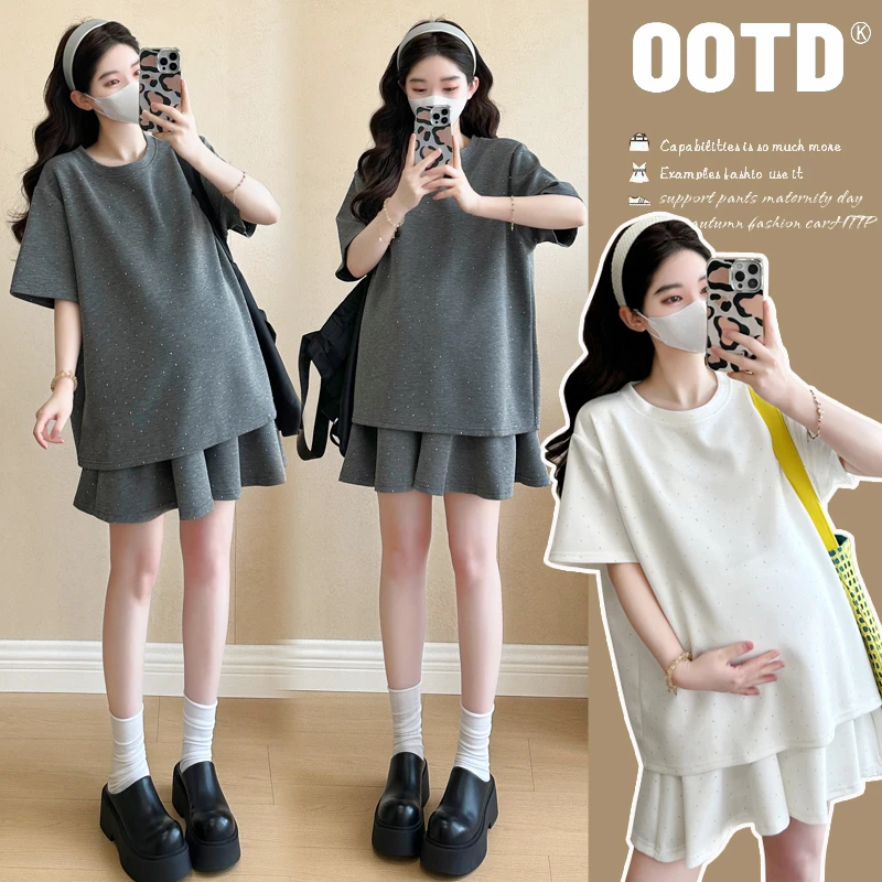 Y3627#3.26孕妇装新款夏装时尚亮钻短袖T恤裤裙孕妇套装两件套