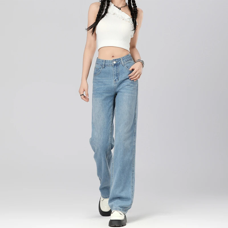 早秋新款浅色阔腿牛仔裤女新款宽松高腰小个子窄版直筒裤子