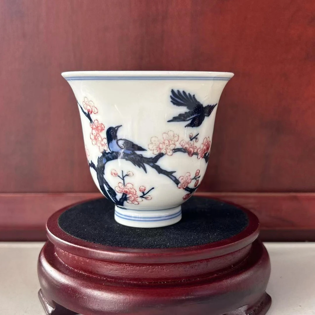 【南昌广电优选】毛仔柴窑 青花釉里红喜鹊梅花杯mzcy0097