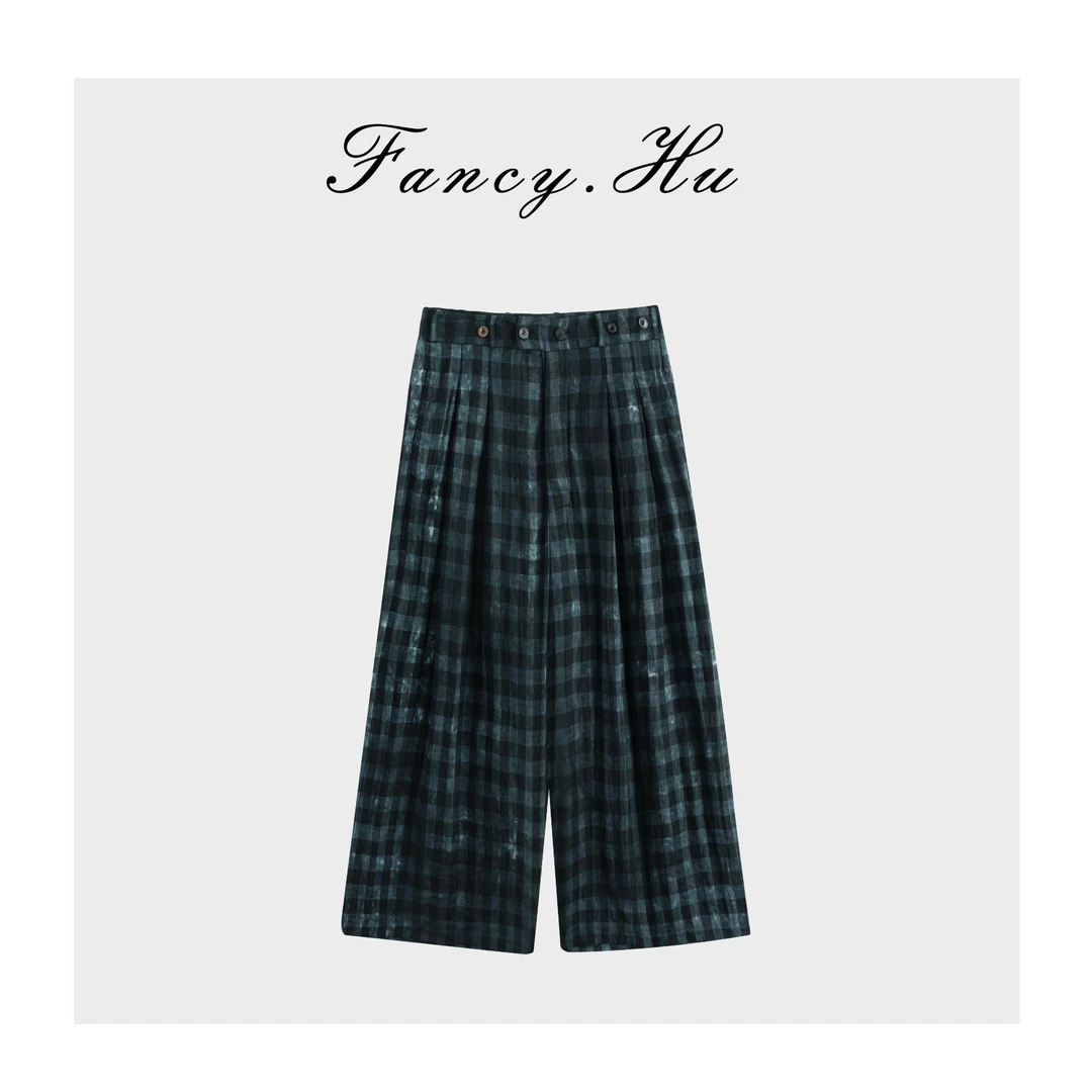 【Fancy.Hu】伍仟欧 扎染100亚麻格纹复古时尚休闲九分裤FG260292