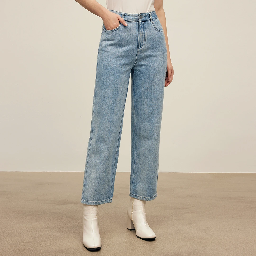 高腰直筒牛仔裤女秋季时尚简约一粒扣腰头百搭九分裤