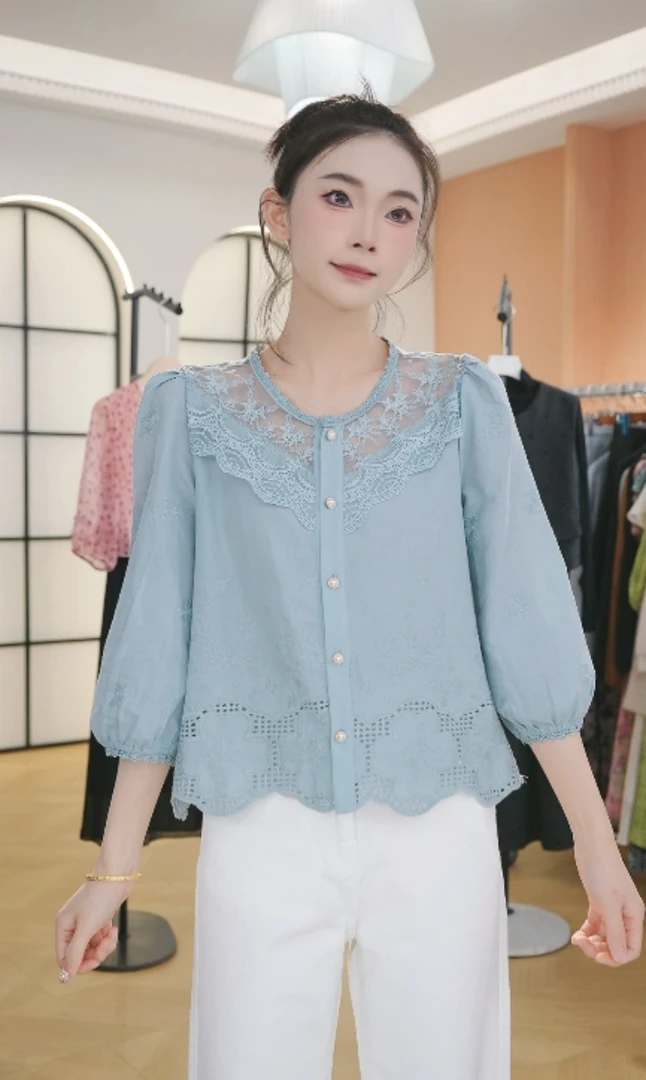 F3013时尚镂空七分袖衬衫早秋新款洋气百搭短款上衣