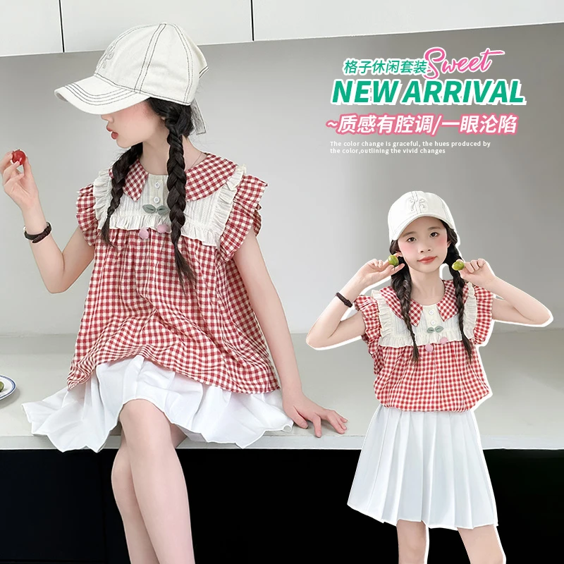 女童格子薄款公主风夏季森系套装2025新款中大童拼接质感套裙