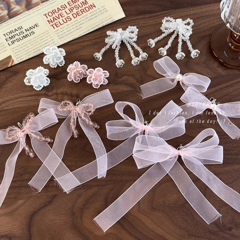 甜美可拆卸粉色丝带蝴蝶结水晶串珠鞋鞋花芭蕾风逆爱穿搭礼物气质