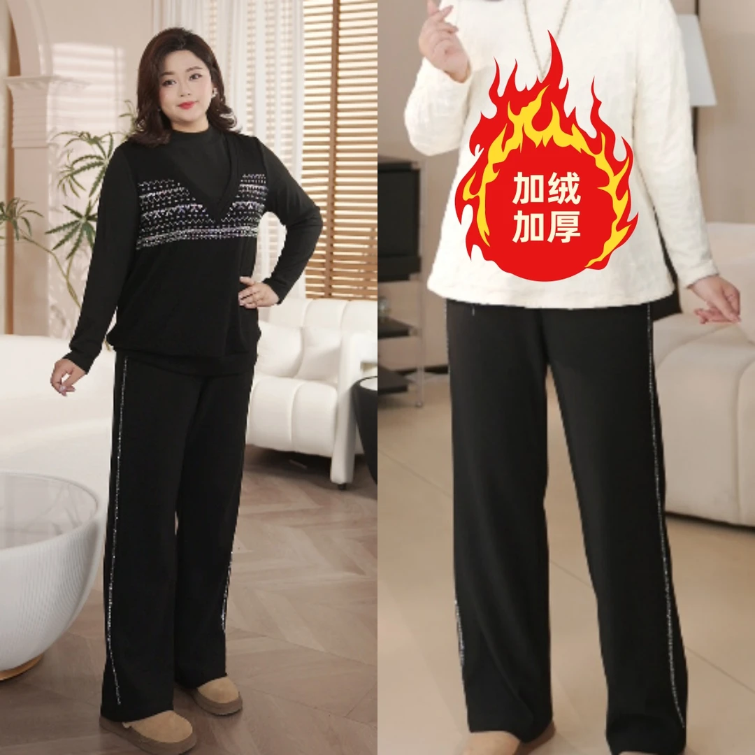 PWD33401【现货仅裤子】加绒加厚侧边烫钻大码女装休闲裤【裤长102】