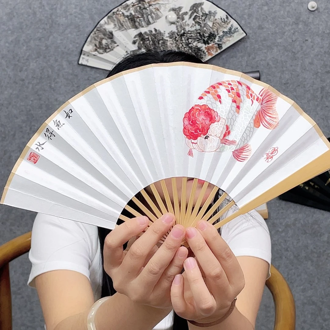 国画6寸玉竹-纯手绘-文玩扇骨（默认粘好）