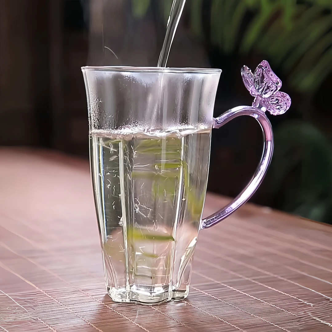 蝴蝶玻璃绿茶杯主人杯高档精致个人专用带把手办公室泡茶喝茶小杯